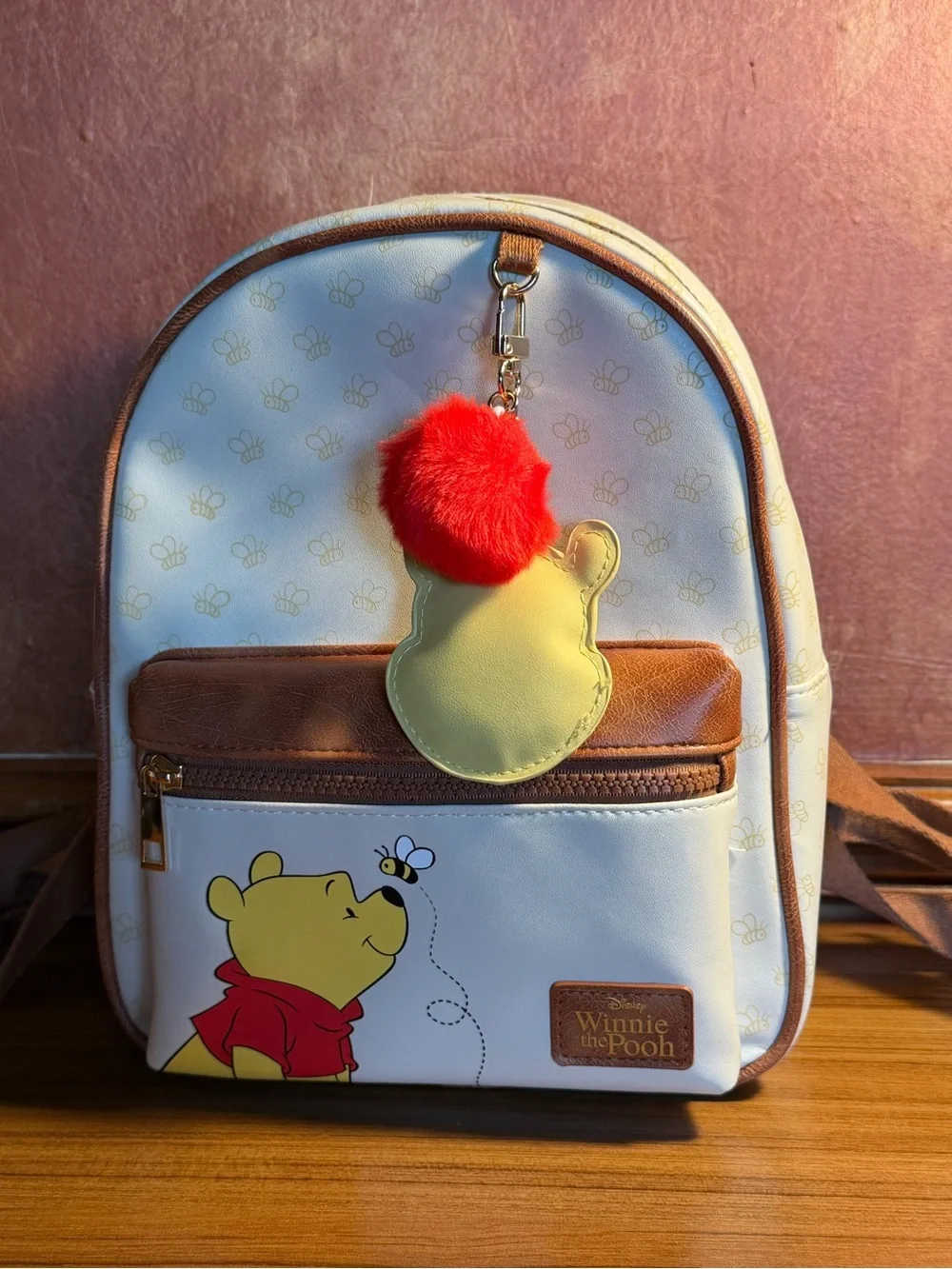 Disney Winnie the Pooh Mini Backpack Bioworld w/ Pooh Bag Clip EUC!
